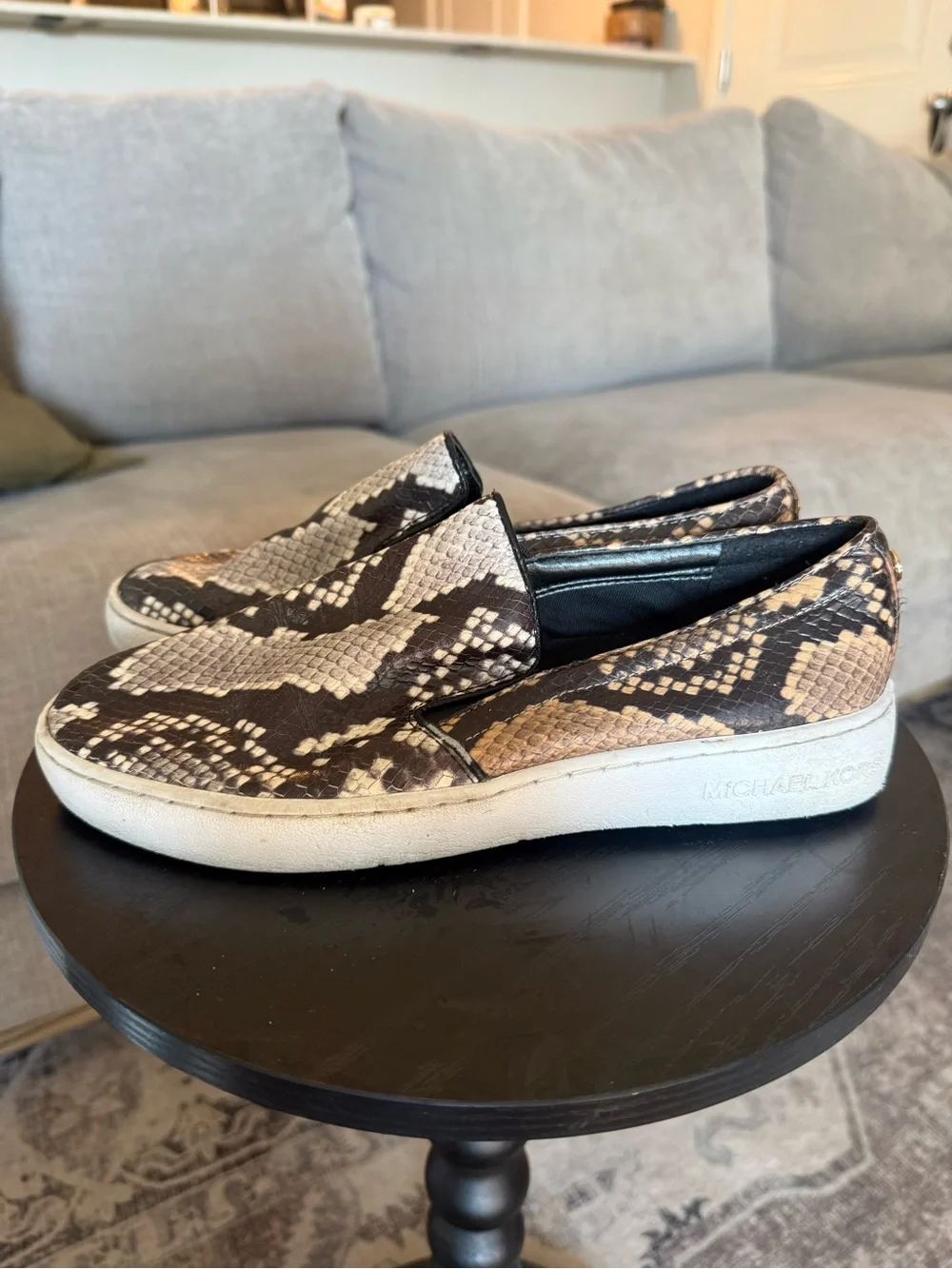 Michael Kors Black & Cream Snake-Print Slip-On Sneakers SZ 7